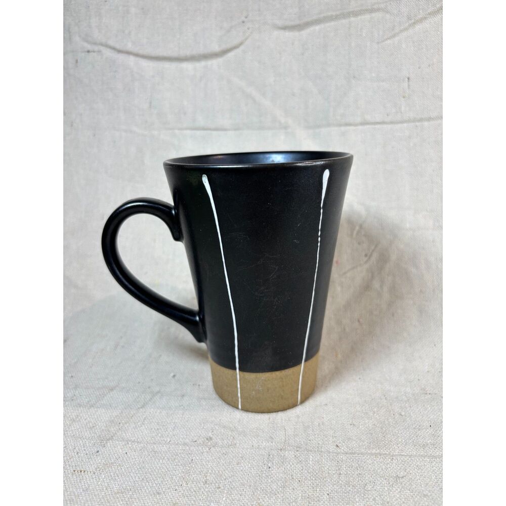Black Earthenware Mug White Stripes Possibly Handmade